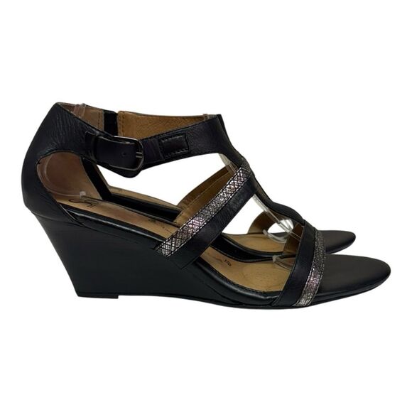 Sofft Pippa Black Wedge Sandals T Strap Ankle Strap Comfort Shoes - Picture 2 of 11